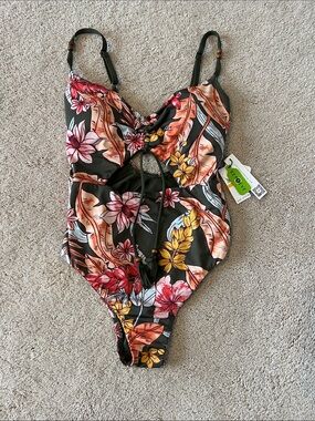 Sanctuary Olive Green One-Piece Swimsuit with Multicolor Tropical Floral Print